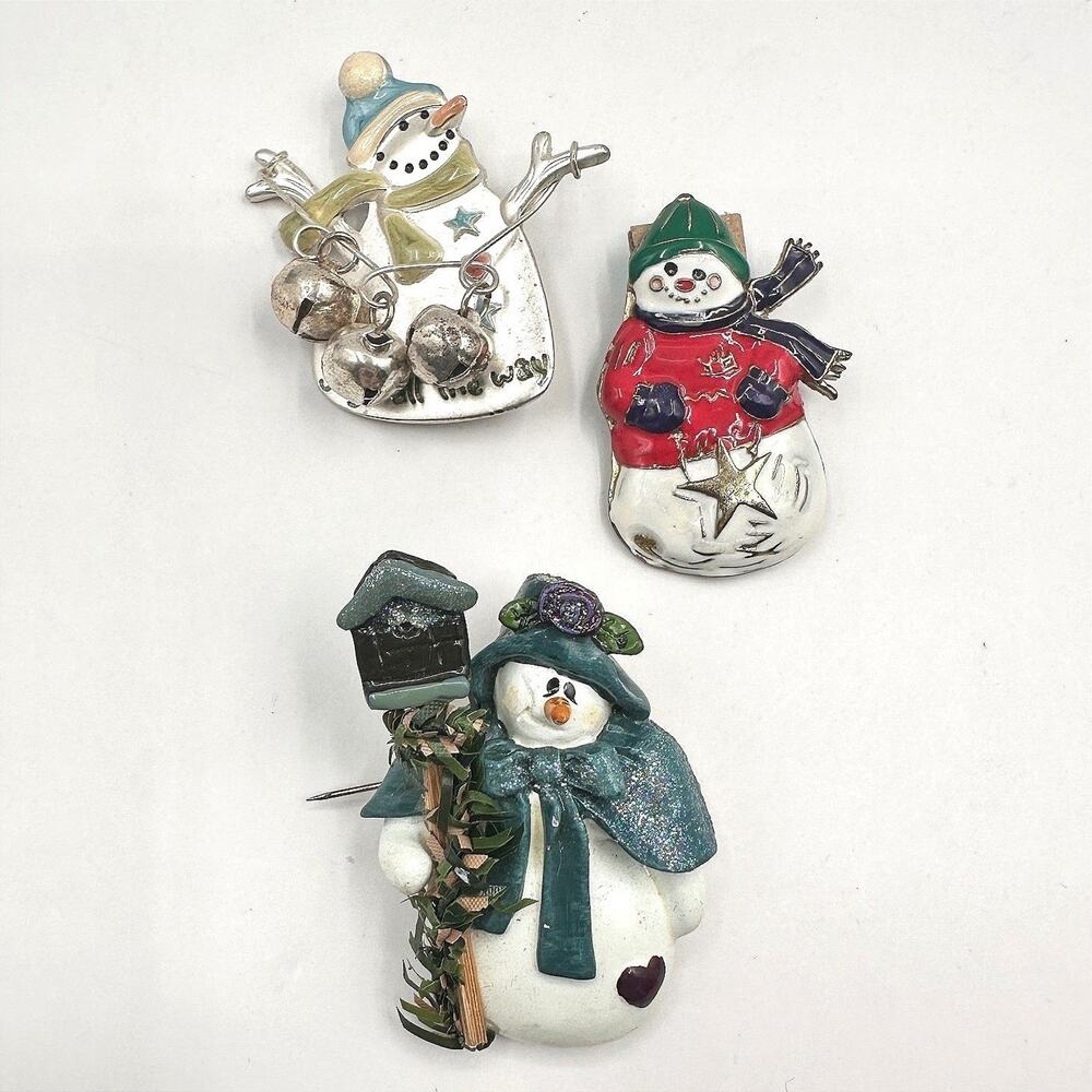Vintage 90s Snowman Brooch Set Jingle All The Way Bells Christmas Holiday Pins